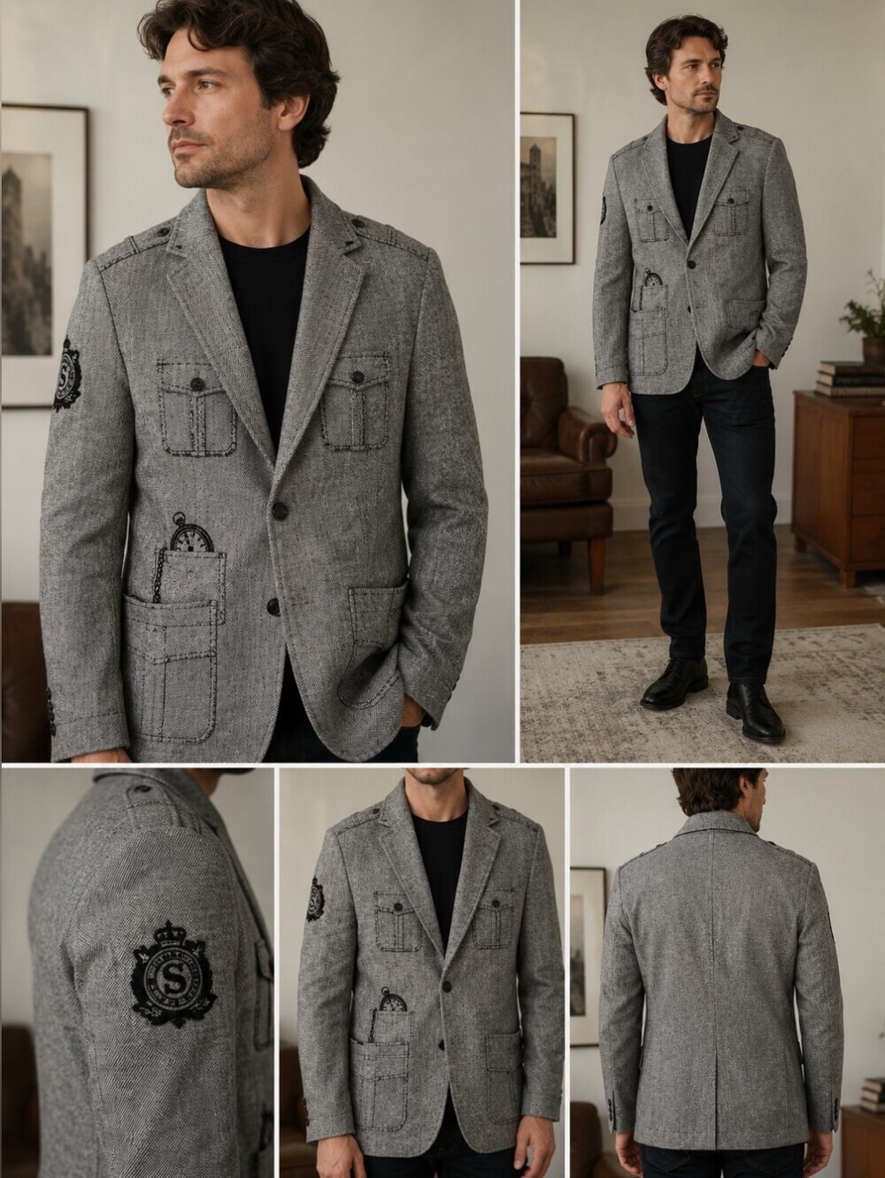 Desigual Amsterdam's Men's Grey Herringbone Lined Blazer EUC Wool Blend US 42